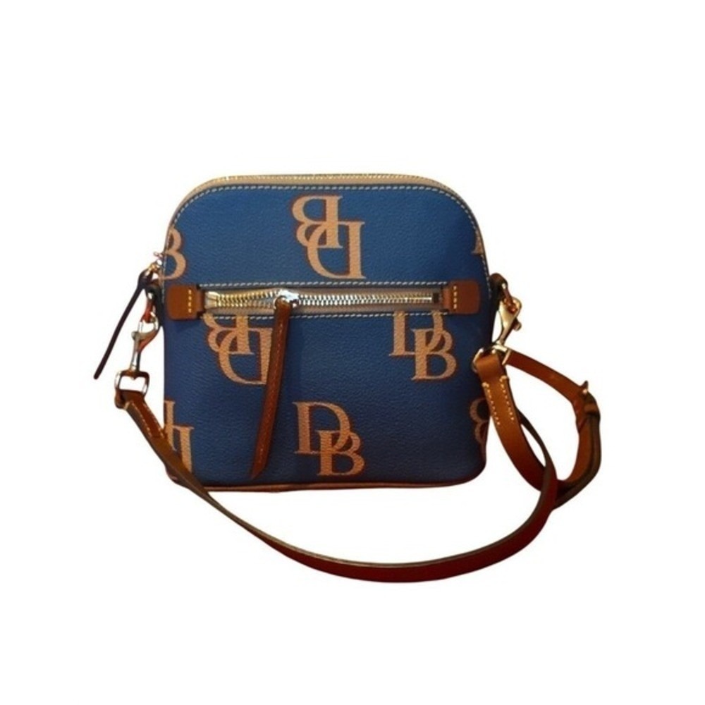 Dooney & Bourke Domed Monogram Coated Canvas Blue Jeans Crossbody Bag Tan Trim